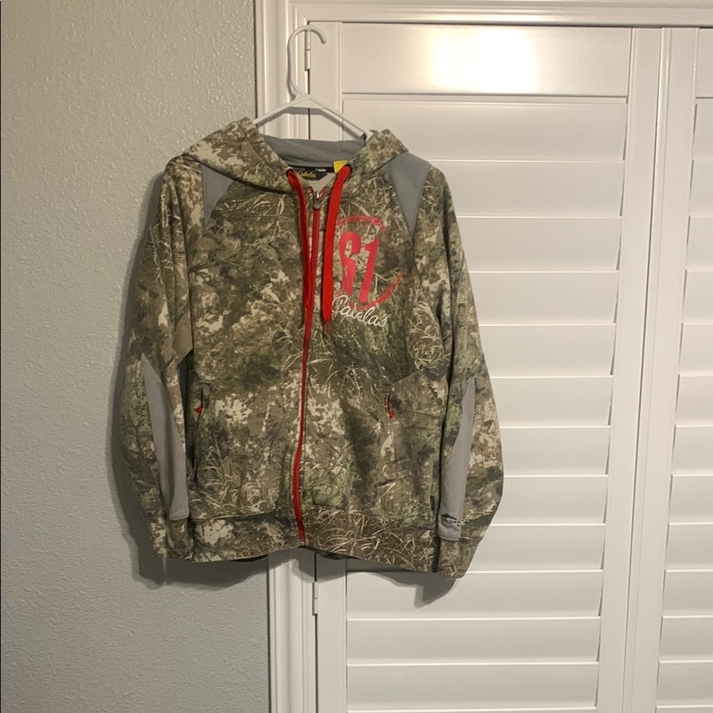 Cabela's Green and Red Hooded Sweatshirt with Camouflage Pattern